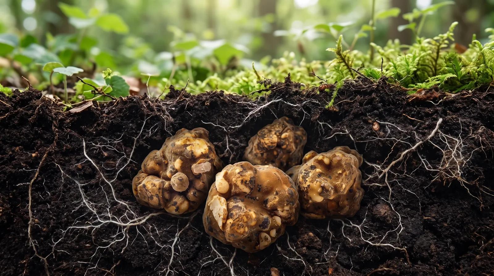 Cross-section of a forest floor showing pale magic truffle sclerotia clustered in the root zone beneath a web of white mycelium