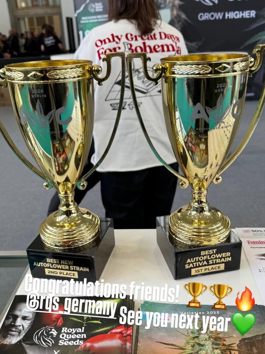 Two gold Autoflower World Cup 2026 trophies on the Royal Queen Seeds booth: Best Autoflower Sativa Strain first place and Best New Autoflower Strain second place