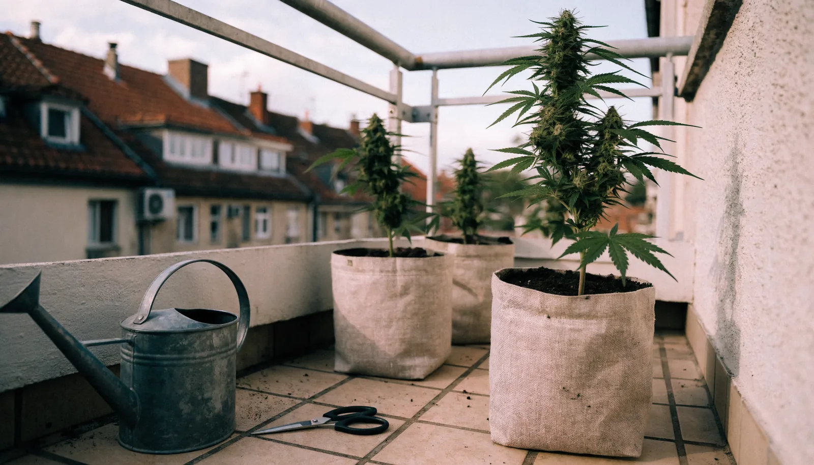 Tres plantas de cannabis compactas creciendo en macetas de tela en un balcón de piso europeo