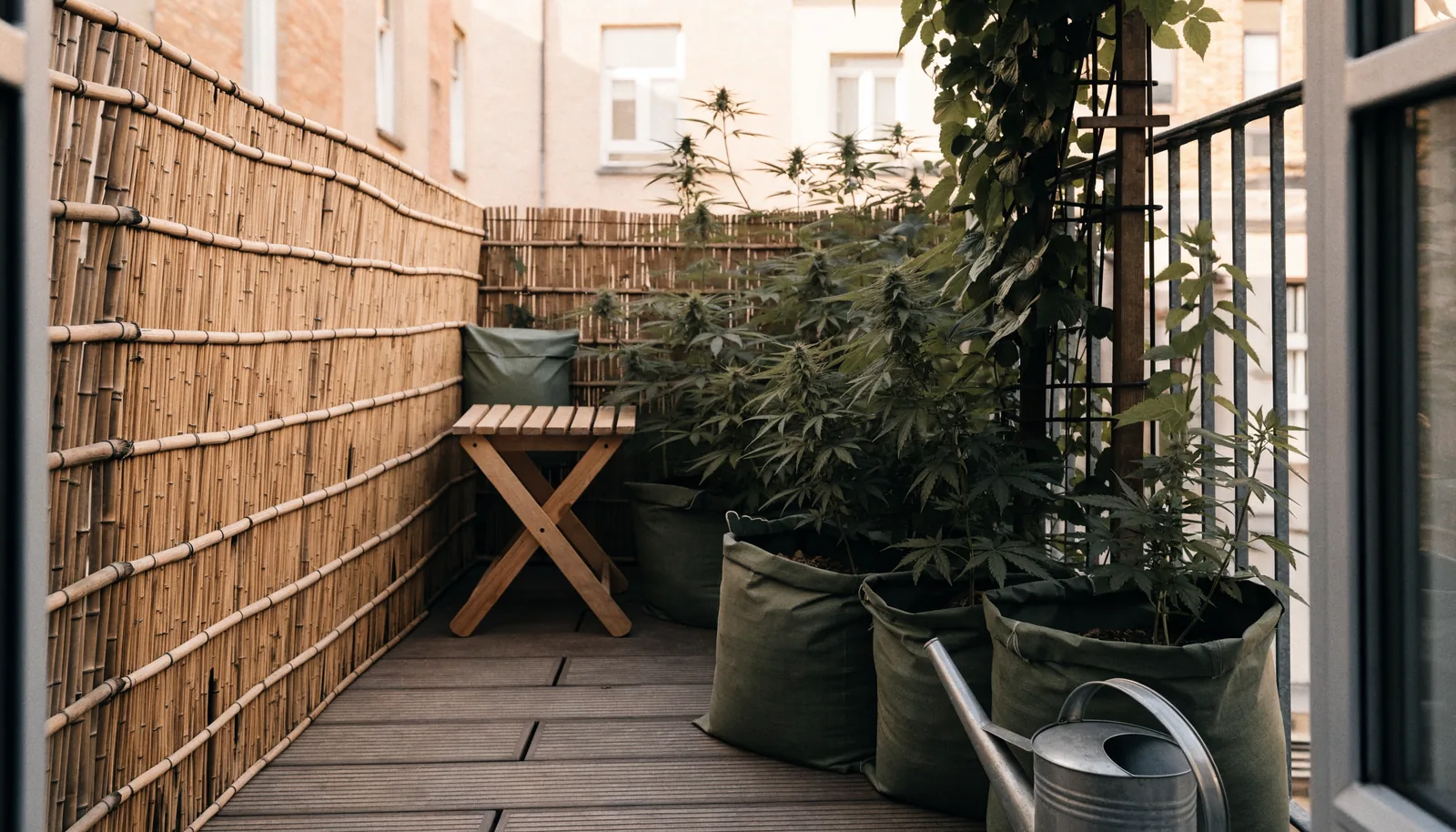 Cañizo de bambú ocultando plantas de cannabis en macetas de tela en un balcón estrecho