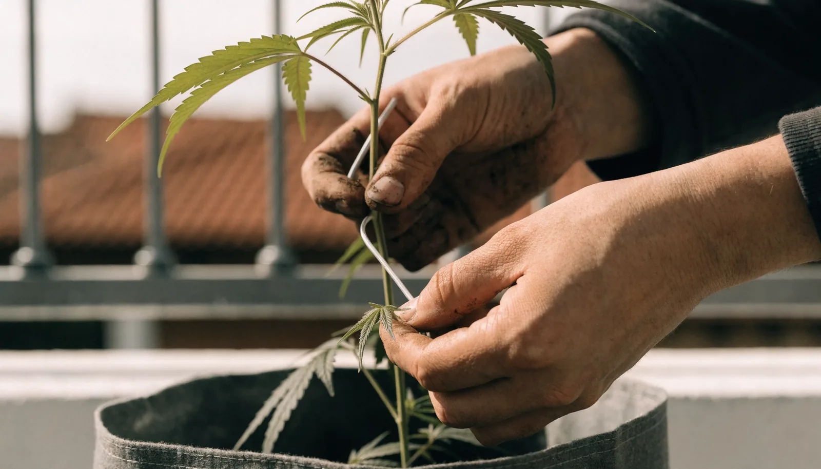Manos atando una rama de cannabis con alambre de jardinería usando entrenamiento de bajo estrés en un balcón