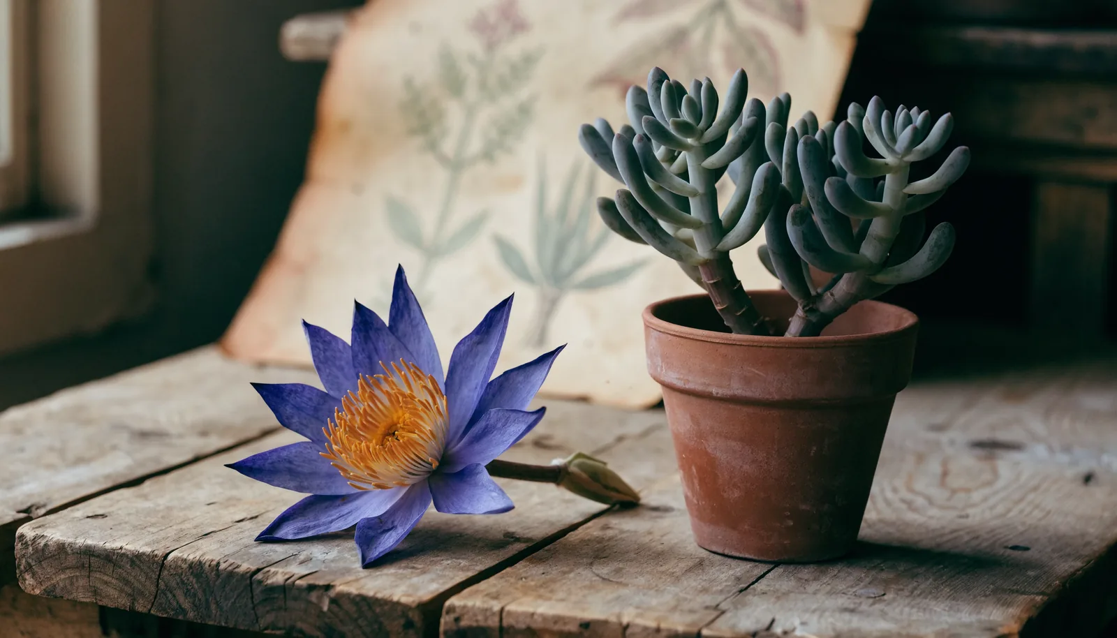 Flor seca de loto azul (Nymphaea caerulea) junto a una planta viva de kanna (Sceletium tortuosum)