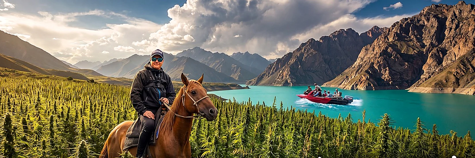 Strain Hunters rider on horseback in a wild cannabis field beside a turquoise mountain lake in Kyrgyzstan